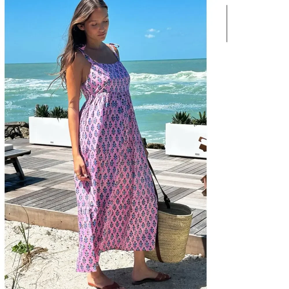 Emerson Fry India Collection Sara Tier Dress Pink Floral Maxi Large - Picture 2 of 10